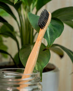 Eco-friendly bamboo charcoal toothbrush with biodegradable handle and soft charcoal bristles for sustainable oral care.