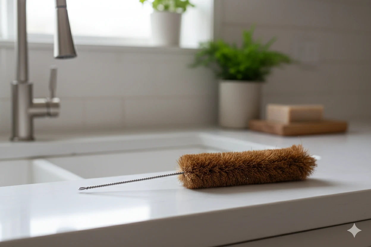 Eco-friendly coir bottle brush. Sustainable, plastic-free cleaning tool with coconut fiber bristles and wooden handle.
