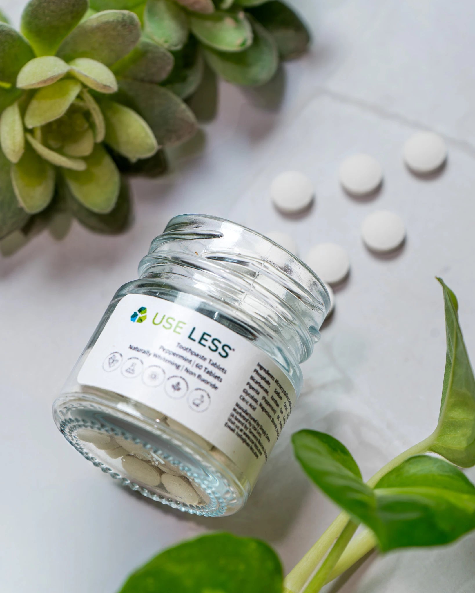 Eco-friendly toothpaste tablets jar. Natural, travel-friendly, and sustainable alternative to plastic toothpaste tubes.