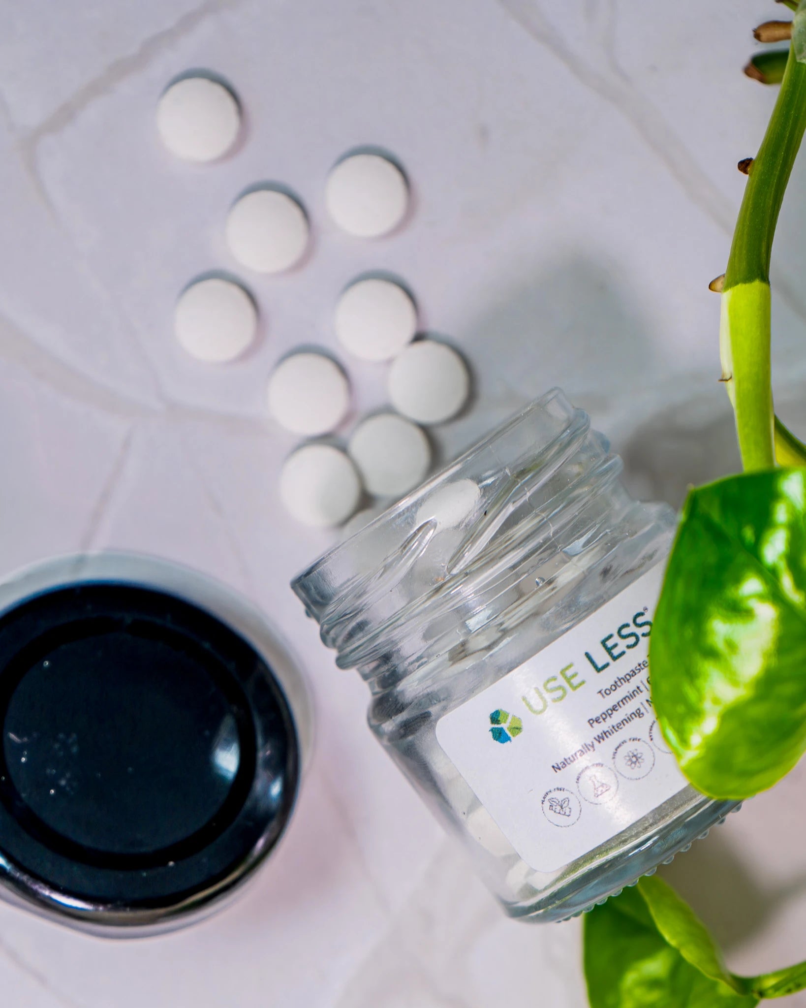 Eco-friendly toothpaste tablets jar. Natural, travel-friendly, and sustainable alternative to plastic toothpaste tubes.