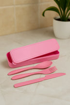 Eco-friendly travel cutlery set with reusable stainless steel utensils, compact and sustainable for zero-waste meals on the go.